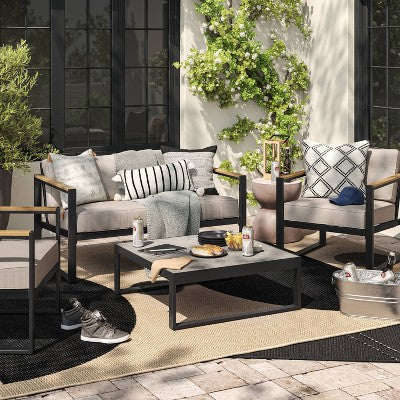  9'2"x12' Grace Half Circle Rectangular Woven Indoor Outdoor Area Rug Black - Project 62™